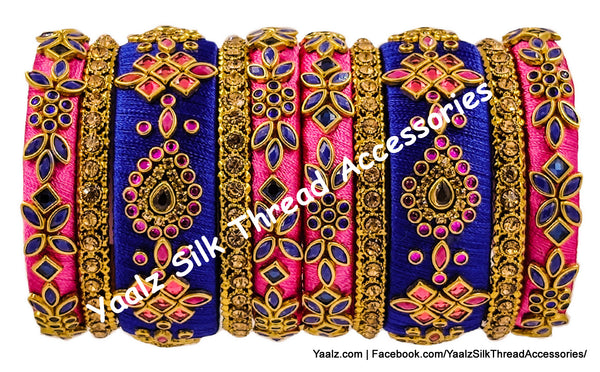 Yaalz Silk Thread Heavy Traditional Design Color Kundan Stone 10Pcs Bangle Sets In Assorted Colors
