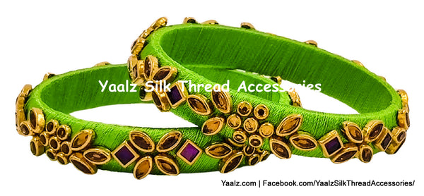 Yaalz Silk Thread Heavy Kundan Stone Medium Bangle Pairs In Assorted Colors - Set 1