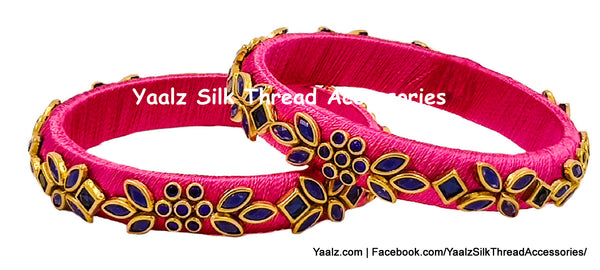 Yaalz Silk Thread Heavy Kundan Stone Medium Bangle Pairs In Assorted Colors - Set 1
