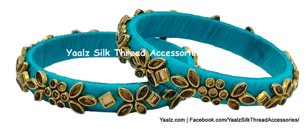 Yaalz Silk Thread Heavy Kundan Stone Medium Bangle Pairs In Assorted Colors - Set 1