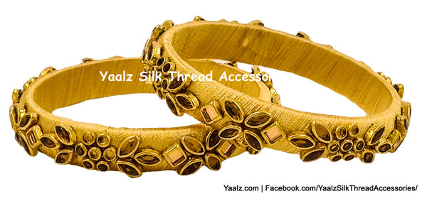 Yaalz Silk Thread Heavy Kundan Stone Medium Bangle Pairs In Assorted Colors - Set 1