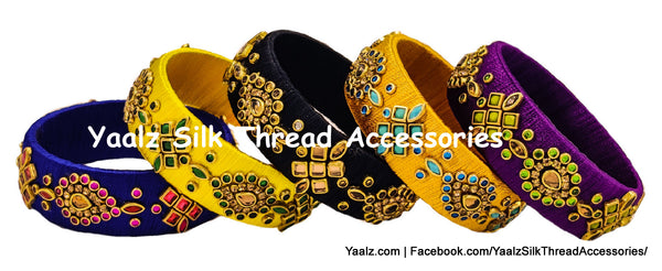 Yaalz Silk Thread Traditional Design Heavy Kundan Stone Kada Bangles In Assorted Colors - Set 1