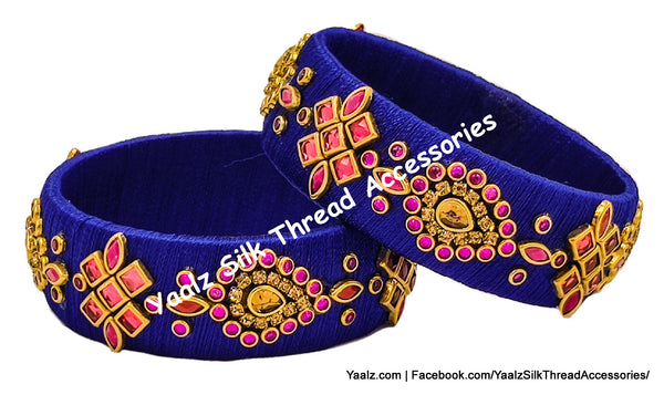 Yaalz Silk Thread Traditional Design Heavy Kundan Stone Kada Bangles In Assorted Colors - Set 1