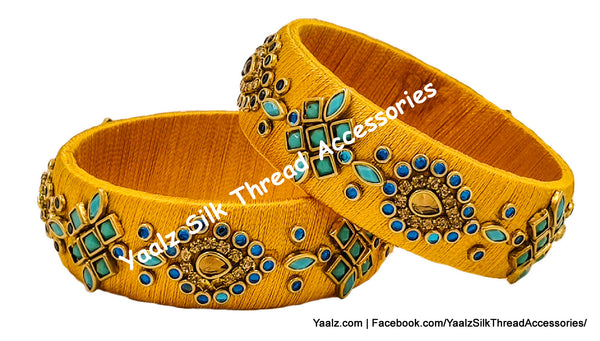 Yaalz Silk Thread Traditional Design Heavy Kundan Stone Kada Bangles In Assorted Colors - Set 1