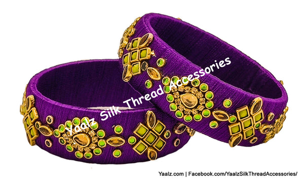 Yaalz Silk Thread Traditional Design Heavy Kundan Stone Kada Bangles In Assorted Colors - Set 1
