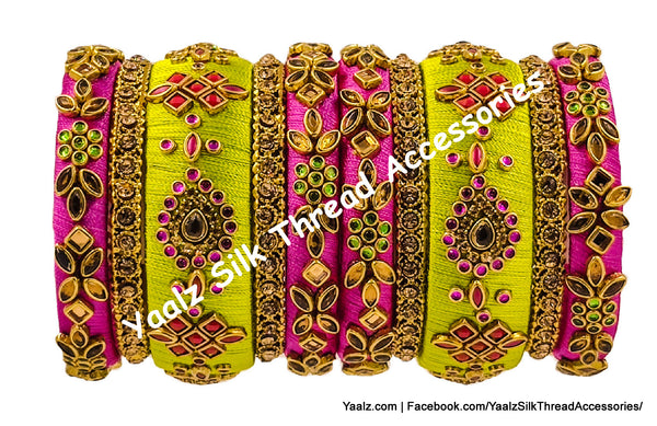 Yaalz Silk Thread Heavy Traditional Design Color Kundan Stone 10Pcs Bangle Sets In Assorted Colors