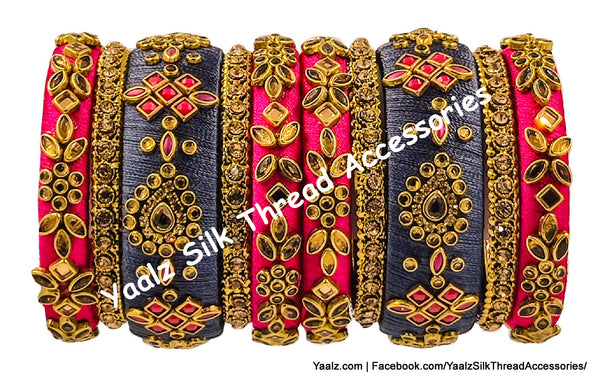 Yaalz Silk Thread Heavy Traditional Design Color Kundan Stone 10Pcs Bangle Sets In Assorted Colors