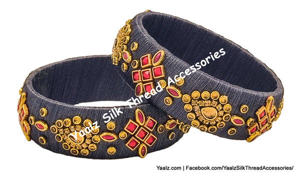 Yaalz Silk Thread Traditional Design Heavy Kundan Stone Kada Bangles In Assorted Colors - Set 1