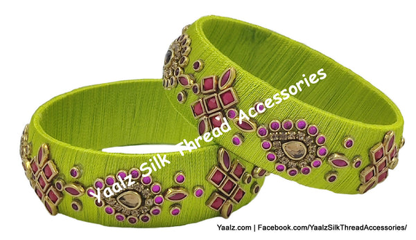 Yaalz Silk Thread Traditional Design Heavy Kundan Stone Kada Bangles In Assorted Colors - Set 1