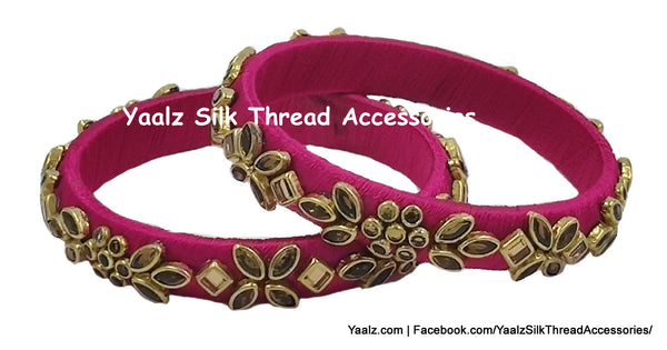 Yaalz Silk Thread Heavy Kundan Stone Medium Bangle Pairs In Assorted Colors - Set 1