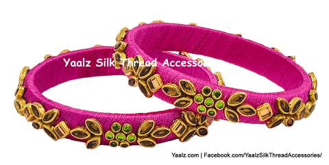 Yaalz Silk Thread Heavy Kundan Stone Medium Bangle Pairs In Assorted Colors - Set 2