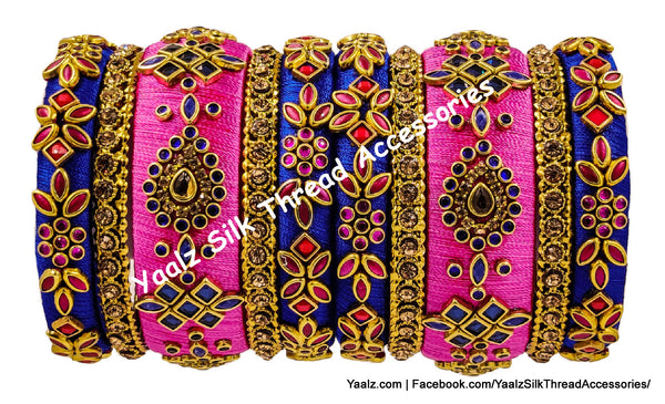 Yaalz Silk Thread Heavy Traditional Design Color Kundan Stone 10Pcs Bangle Sets In Assorted Colors