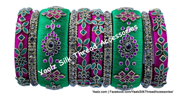 Yaalz Silk Thread Heavy Traditional Design Color Kundan Stone 10Pcs Bangle Sets In Assorted Colors