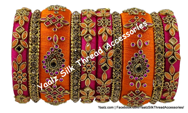 Yaalz Silk Thread Heavy Traditional Design Color Kundan Stone 10Pcs Bangle Sets In Assorted Colors