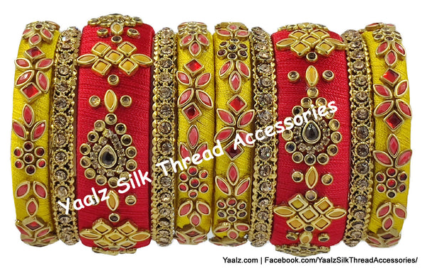 Yaalz Silk Thread Heavy Traditional Design Color Kundan Stone 10Pcs Bangle Sets In Assorted Colors