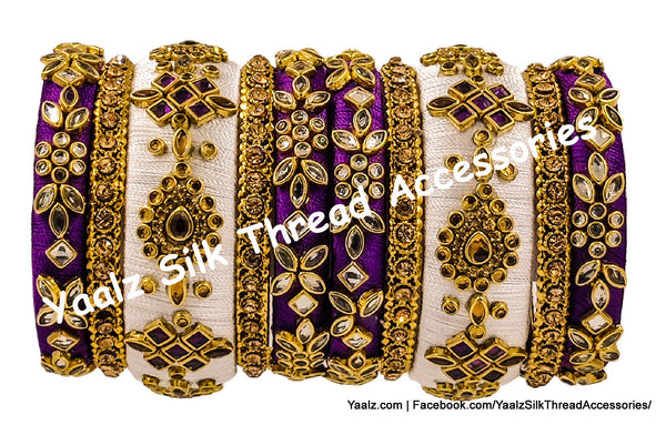 Yaalz Silk Thread Heavy Traditional Design Color Kundan Stone 10Pcs Bangle Sets In Assorted Colors