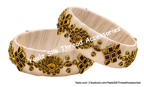 Yaalz Silk Thread Traditional Design Heavy Kundan Stone Kada Bangles In Assorted Colors - Set 1