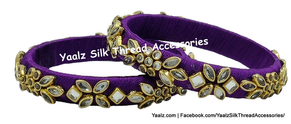 Yaalz Silk Thread Heavy Kundan Stone Medium Bangle Pairs In Assorted Colors - Set 1