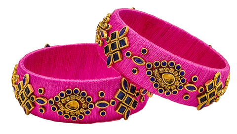 Yaalz Silk Thread Traditional Design Heavy Kundan Stone Kada Bangles In Assorted Colors - Set 2