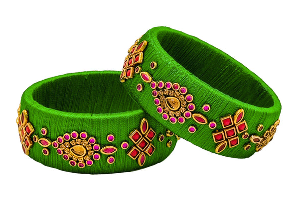 Yaalz Silk Thread Traditional Design Heavy Kundan Stone Kada Bangles In Assorted Colors - Set 2