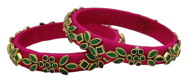 Yaalz Silk Thread Heavy Kundan Stone Medium Bangle Pairs In Assorted Colors - Set 2
