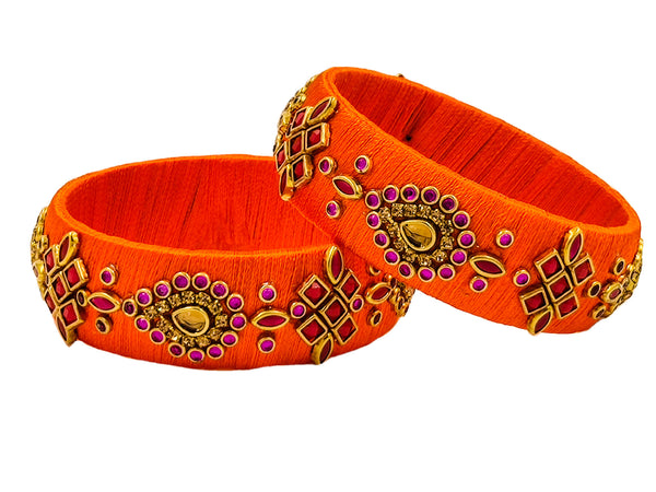Yaalz Silk Thread Traditional Design Heavy Kundan Stone Kada Bangles In Assorted Colors - Set 2