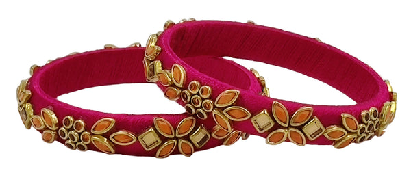 Yaalz Silk Thread Heavy Kundan Stone Medium Bangle Pairs In Assorted Colors - Set 2