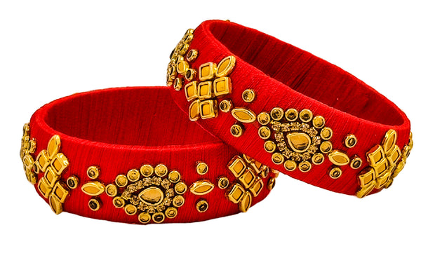 Yaalz Silk Thread Traditional Design Heavy Kundan Stone Kada Bangles In Assorted Colors - Set 2