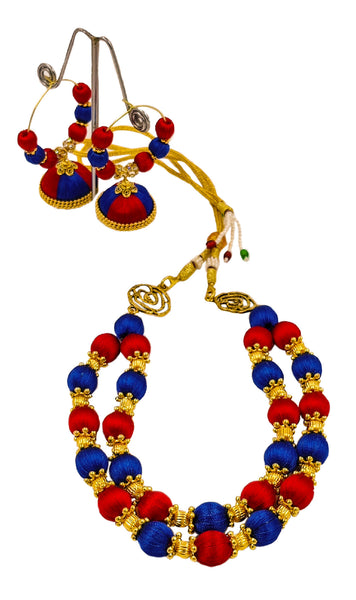 Yaalz Silk Thread 2 Layer Neckset With Jhumka Earrings In Light Blue & Light Green Colors