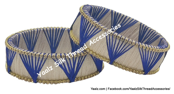 Yaalz Silk Thread Simple Kada Bangle Pair In Blue & Silver Colors