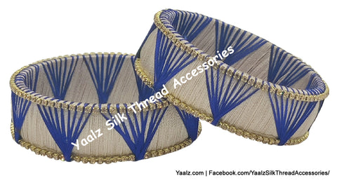 Yaalz Silk Thread Simple Kada Bangle Pair In Blue & Silver Colors