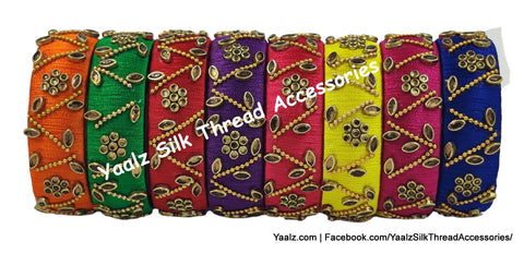Yaalz Silk Thread Kundan Stone & Gold Chain Worked Kada Bangle Pair In Assorted Colors