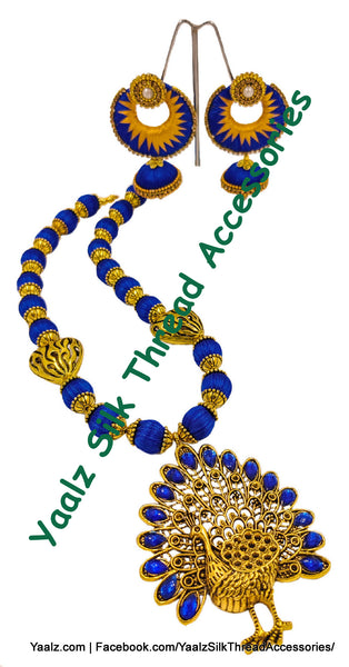 Yaalz Silk Thread Heavy Antique Gold Dancing Peacock Pendant Long Chain Neckwear In Assorted Colors