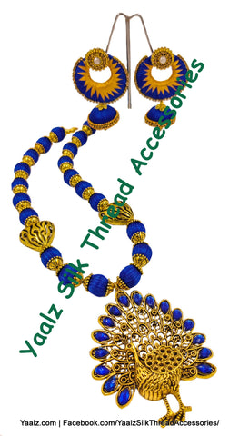 Yaalz Silk Thread Heavy Antique Gold Dancing Peacock Pendant Long Chain Neckwear In Assorted Colors
