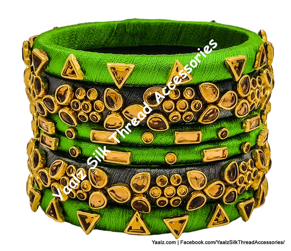 Yaalz Silk Thread Rich Kundan Stone 6Pcs Partywear Bangle Sets In Assorted Color Combos