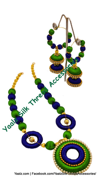 Yaalz Silk Thread Neckset With 2 Layer Hoop Jhumka Earrings In Green & Blue Colors