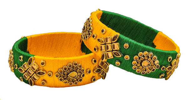 Yaalz Silk Thread Traditional Design Heavy Kundan Stone Kada Bangles In Assorted Colors - Set 2