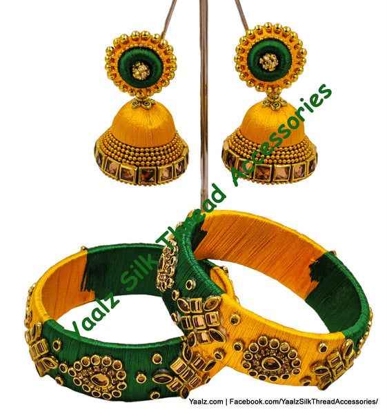 Yaalz Silk Thread Kundan Stone Kada Pair With Matching Large Jhumka Earrings In Dark Green & Golden Yellow Colors