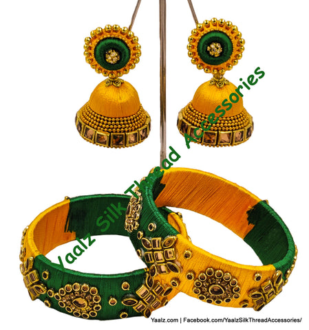 Yaalz Silk Thread Kundan Stone Kada Pair With Matching Large Jhumka Earrings In Dark Green & Golden Yellow Colors