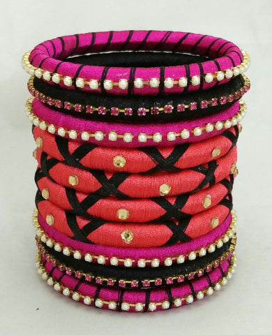 silk thread Bangle Earring Jumka-Yaalz Assorted Bangles in Coral Pink, Magenta Pink And Black Colors-YAALZ