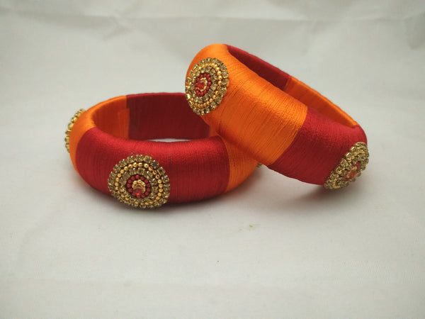 silk thread Bangle Earring Jumka-Yaalz Broad Bangles in Red With Orange-YAALZ