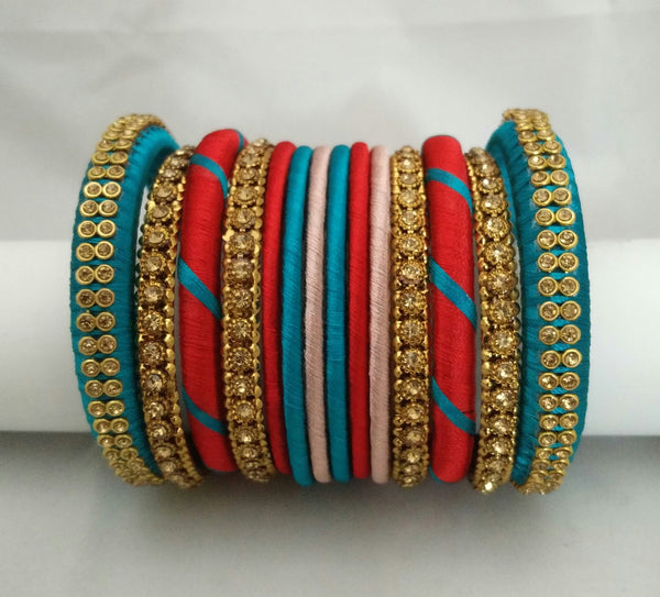silk thread Bangle Earring Jumka-Yaalz Party Wear Bangle Set In Blue, Red And Bronze Colors-YAALZ