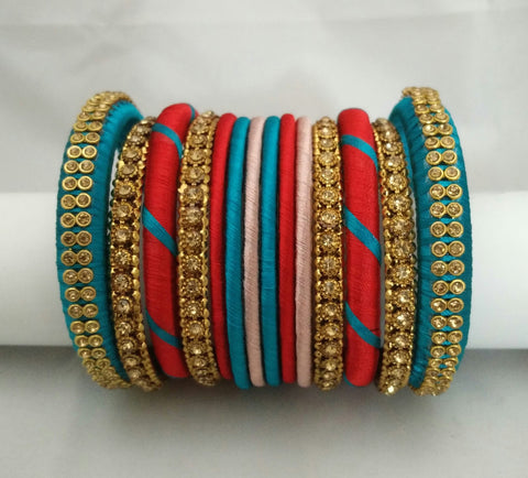silk thread Bangle Earring Jumka-Yaalz Party Wear Bangle Set In Blue, Red And Bronze Colors-YAALZ