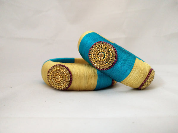 silk thread Bangle Earring Jumka-Yaalz Kada Bangles in Turqoise And Gold Colors-YAALZ